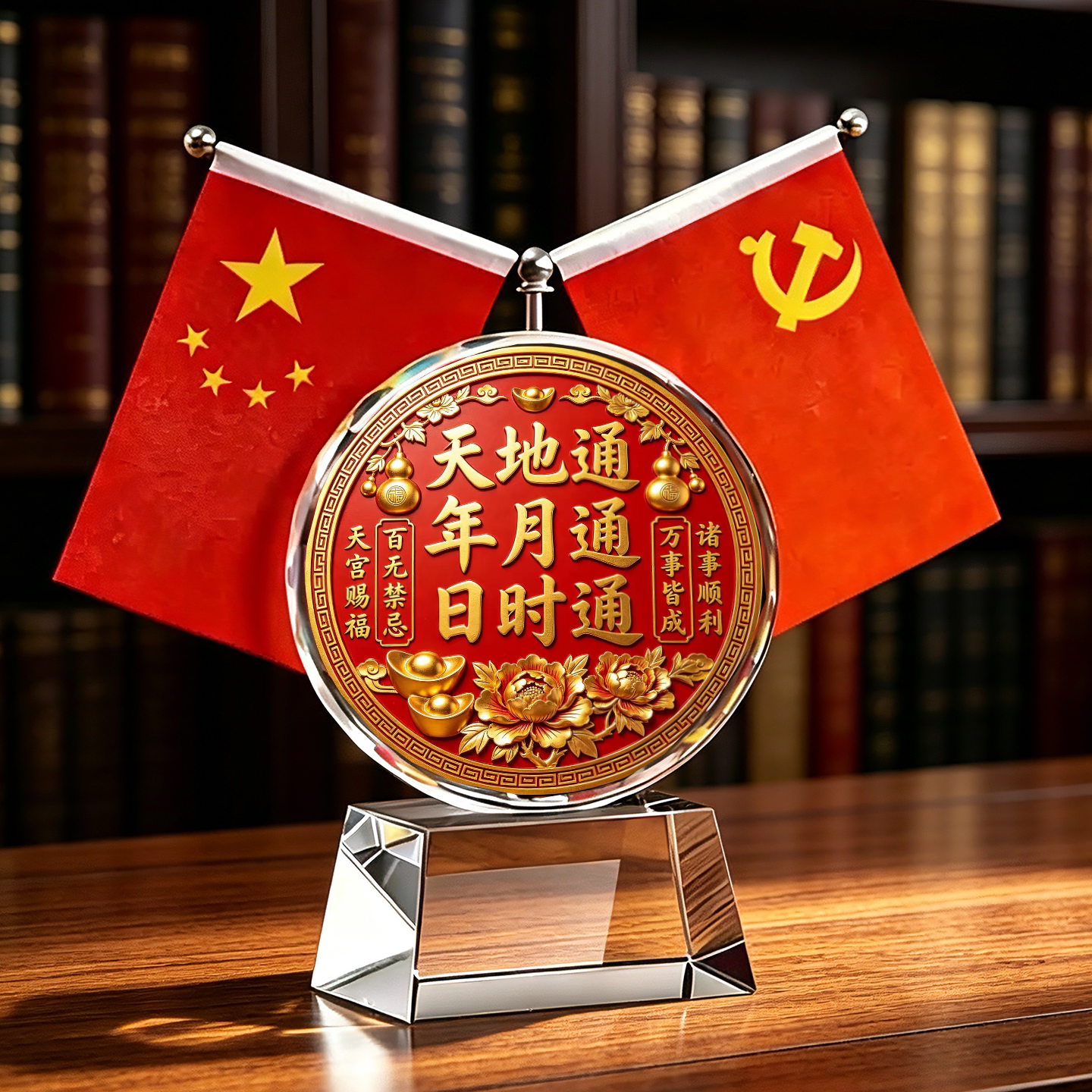 天地通年月通日时通双面红旗水晶摆件万事皆成桌面玄关装饰品摆台