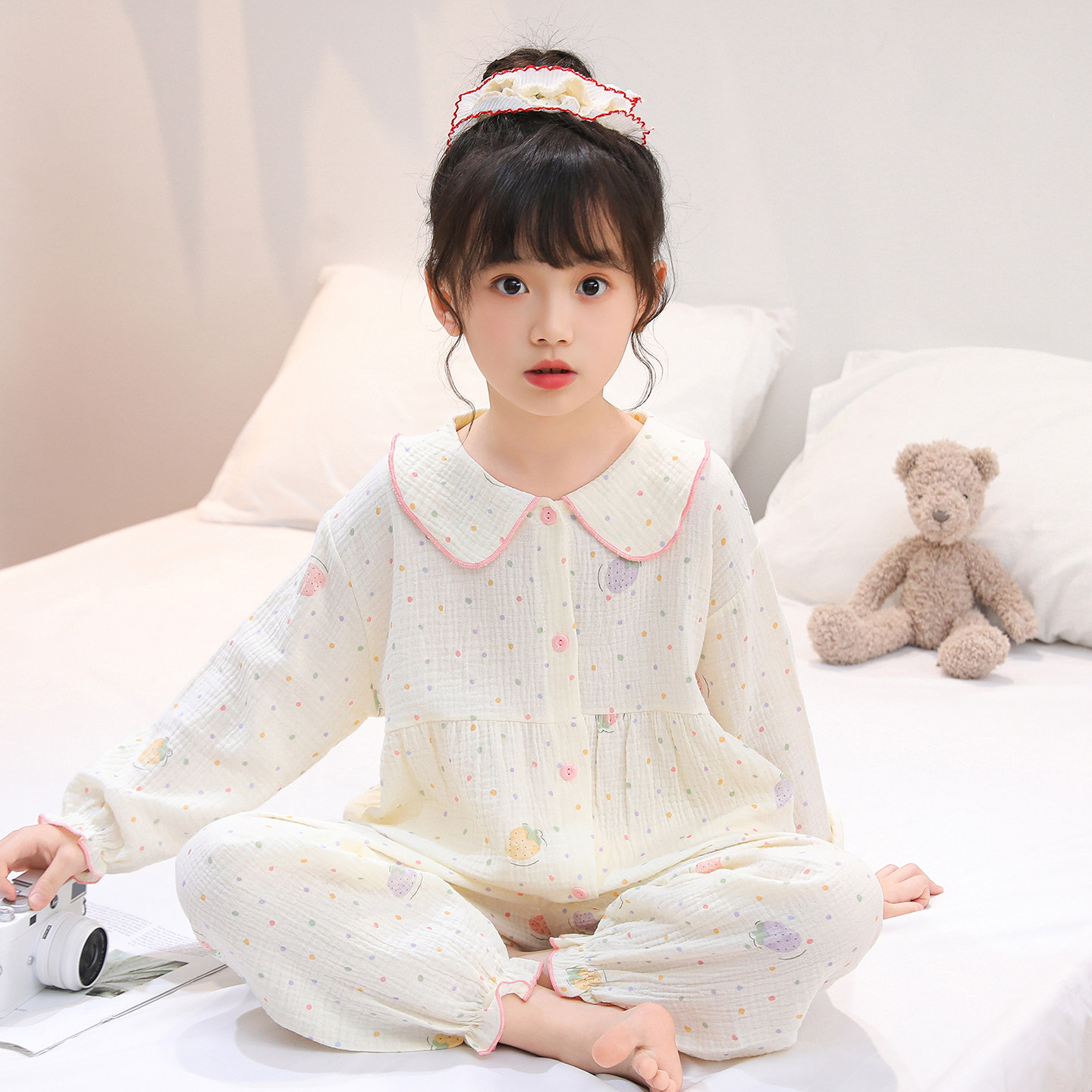 儿童双层纯棉纱布家居服长袖长裤女童睡衣夏季薄款套装女宝宝春装