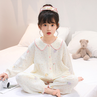 儿童双层纯棉纱布家居服长袖长裤女童睡衣夏季薄款套装女宝宝春装