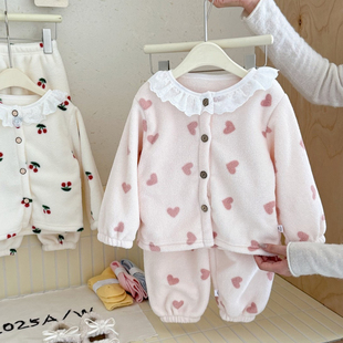 儿童秋冬套装开衫保暖睡衣男女婴童雪粒绒家居服加厚冬季宝宝衣服