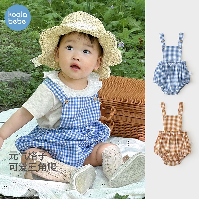 【清仓款】婴儿背带包屁衣夏宝宝纯棉连体爬洋气公主哈衣跳跳格子