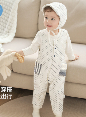 考拉鼻鼻【折扣款】宝宝夹棉背带裤婴儿秋冬保暖连体裤格菱小梅花