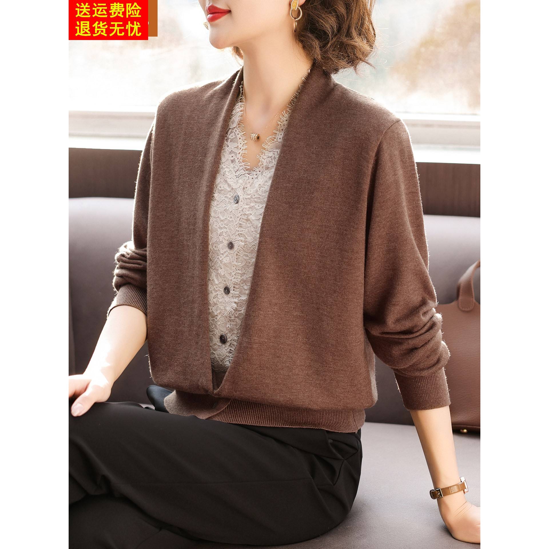 妈妈洋气针织长袖T恤中年女装春秋装2026新款中老年假两件上衣服