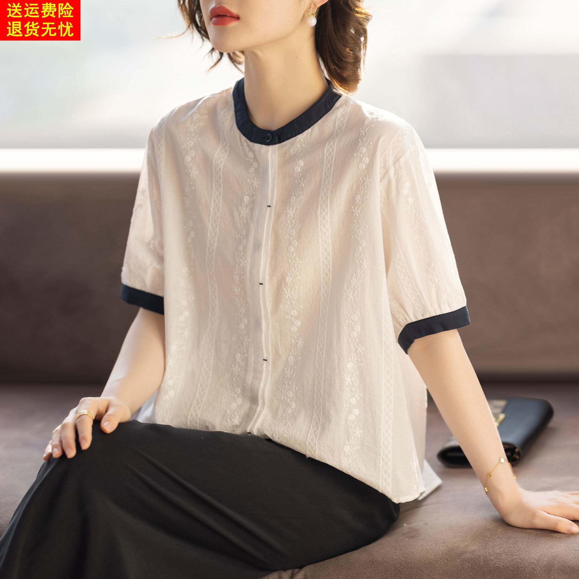 年轻妈妈纯棉衬衫夏装短袖全棉t恤套装新款洋派质时尚中老年女士