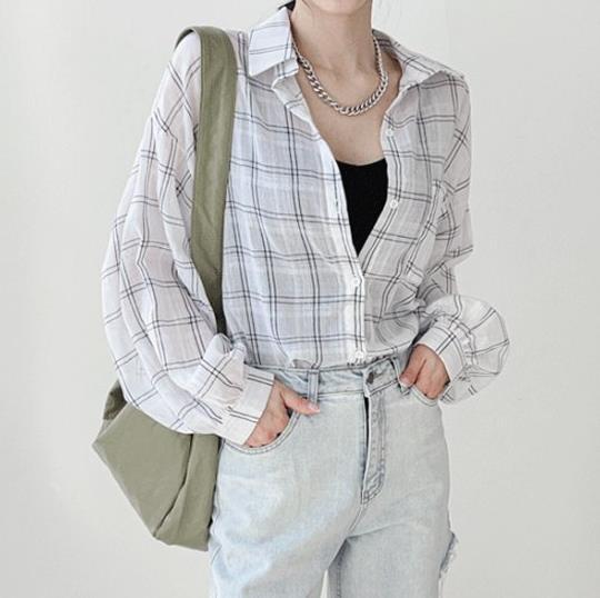 韩版新款上市优质精品格子衬衫宽松长袖时尚小众防晒衣女上衣衬衣