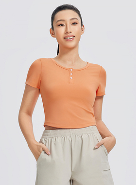 GYMANT肌肉蚂蚁夏季新款高弹亲肤舒适运动衣亮橙色女圆领短袖T恤