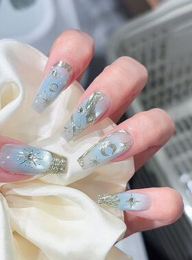 纯手工【星河明月】高级鎏金星月布契拉提蓝色猫眼手绘奢华穿戴甲