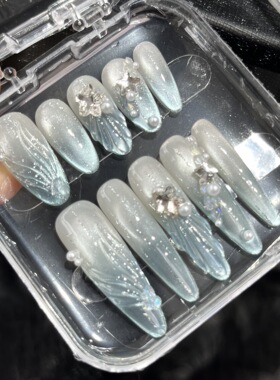 亚特兰蒂斯纯手工光疗穿戴甲仙气猫眼人鱼手绘轻奢显白穿戴甲美甲