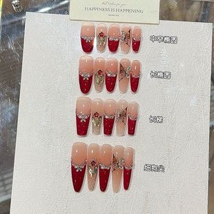 纯手工暗红之蝶氛围感冬日浪漫碎钻红法式 浮雕蝴蝶显白细狗穿戴甲