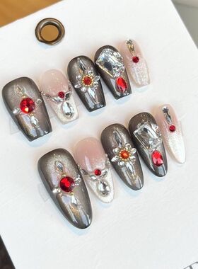 暗夜黑金纯手工穿戴甲猫眼爆闪轻奢美甲黑色显白高级感穿戴甲贴片