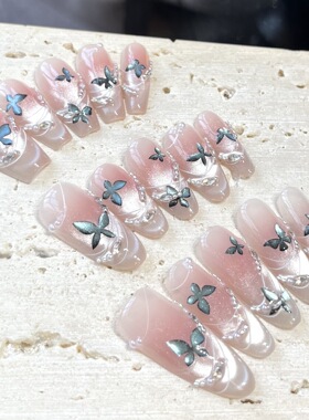 蓝闪蝶纯手工穿戴甲蓝猫眼蝴蝶爆闪轻奢穿戴式美甲腮红美甲贴片