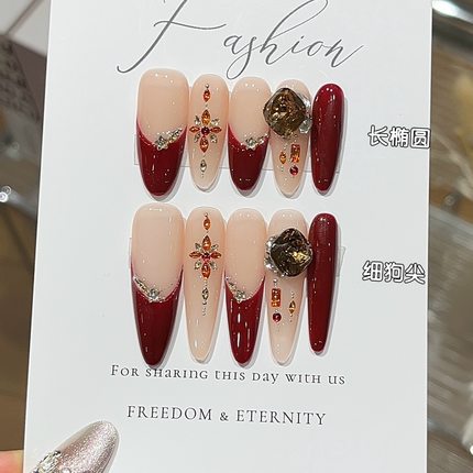 纯手工珊瑚红高级复古感气质红法金闪雪花拼钻K9轻奢细狗尖穿戴甲