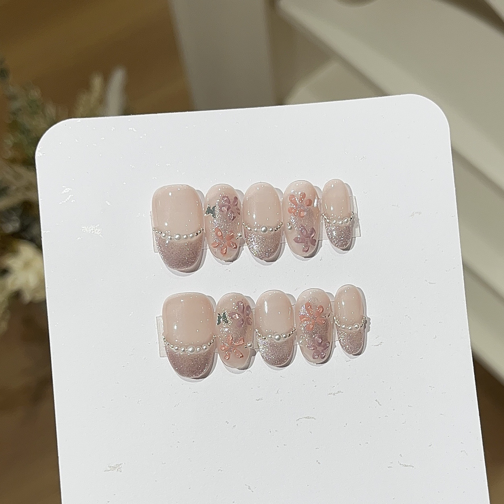 纯手工甜美仲夏樱花春日温柔百搭显白手绘花花精美珍珠链条穿戴甲