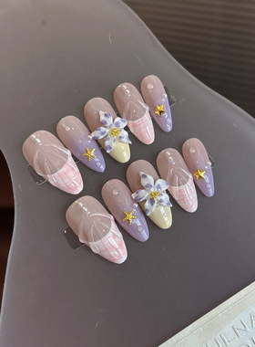 手工紫色珊瑚海洋度假夏威夷沙滩雕花粉色紫色法式贝壳纹裸色美甲