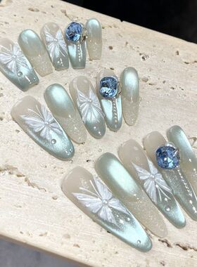 温柔雪岛藏诗纯手工穿戴甲手绘立体蝴蝶冰蓝猫眼氛围感穿戴甲美甲