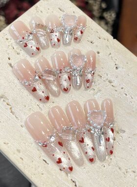 爱在暴雪时分纯手工穿戴甲甜美爱心猫眼法式长款高级显白美甲贴