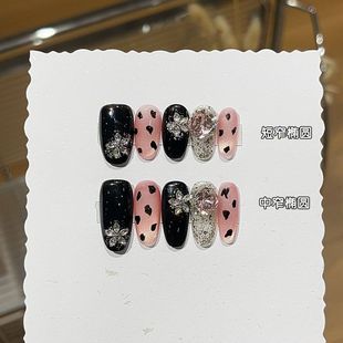 纯手工桃子汽水甜酷风爆闪粉豹纹猫眼雪花个性 拼接粉堆钻穿戴甲