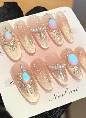 温柔纯欲波斯湾纯手工穿戴甲猫眼法式手绘美甲高级气质美甲穿戴甲