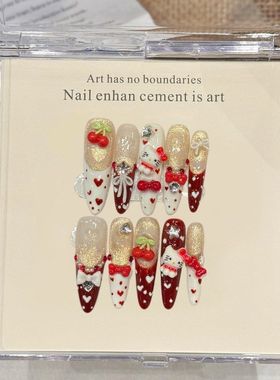 圣诞风红色Kitty猫卡通可爱甜美猫咪少女心樱桃新年氛围感穿戴甲