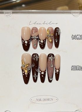 纯手工辣妹红绒丝带秋冬精致贵气感鎏金雕花红法式印花贴钻穿戴甲