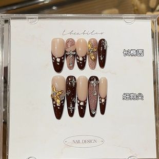 纯手工辣妹红绒丝带秋冬精致贵气感鎏金雕花红法式 印花贴钻穿戴甲