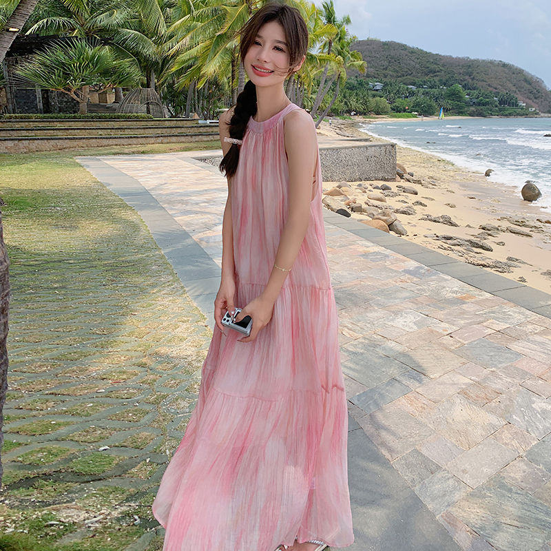 出货中度假风粉色挂脖连衣裙080-6010-P115-K168，女装连衣裙，浙宝080