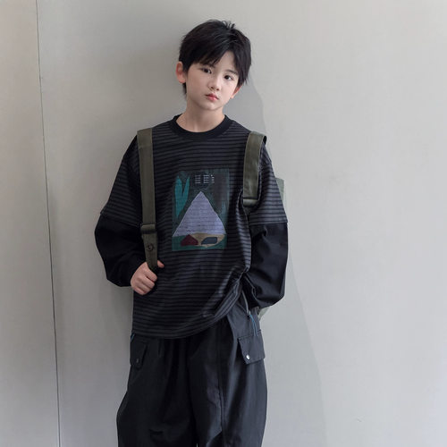 波拉bora男童假两件卫衣春秋款中大儿童运动上衣男孩秋装男童卫衣