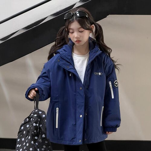 波拉女童夹棉冲锋衣秋冬装bora儿童冬季加厚连帽外套女孩中大童潮
