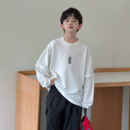 波拉bora男童白色长袖t恤春秋款中大儿童装打底上衣男孩春装卫衣T