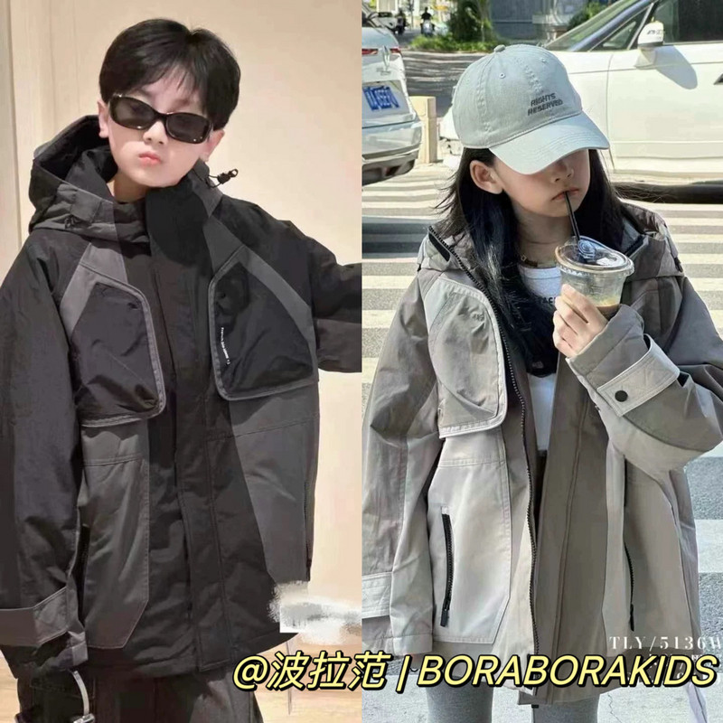 2025冬波拉韩国女男孩小中大儿童装连帽撞色加棉派克服冲锋衣外套