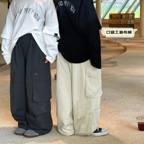 波拉LZPP潮童秋bora儿童工装裤日系中大童布裤纯棉青少年休闲长裤