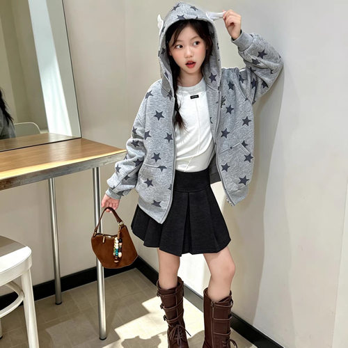 bora韩版童装秋季儿童星星印花连帽卫衣中大童外套女童百搭上衣潮
