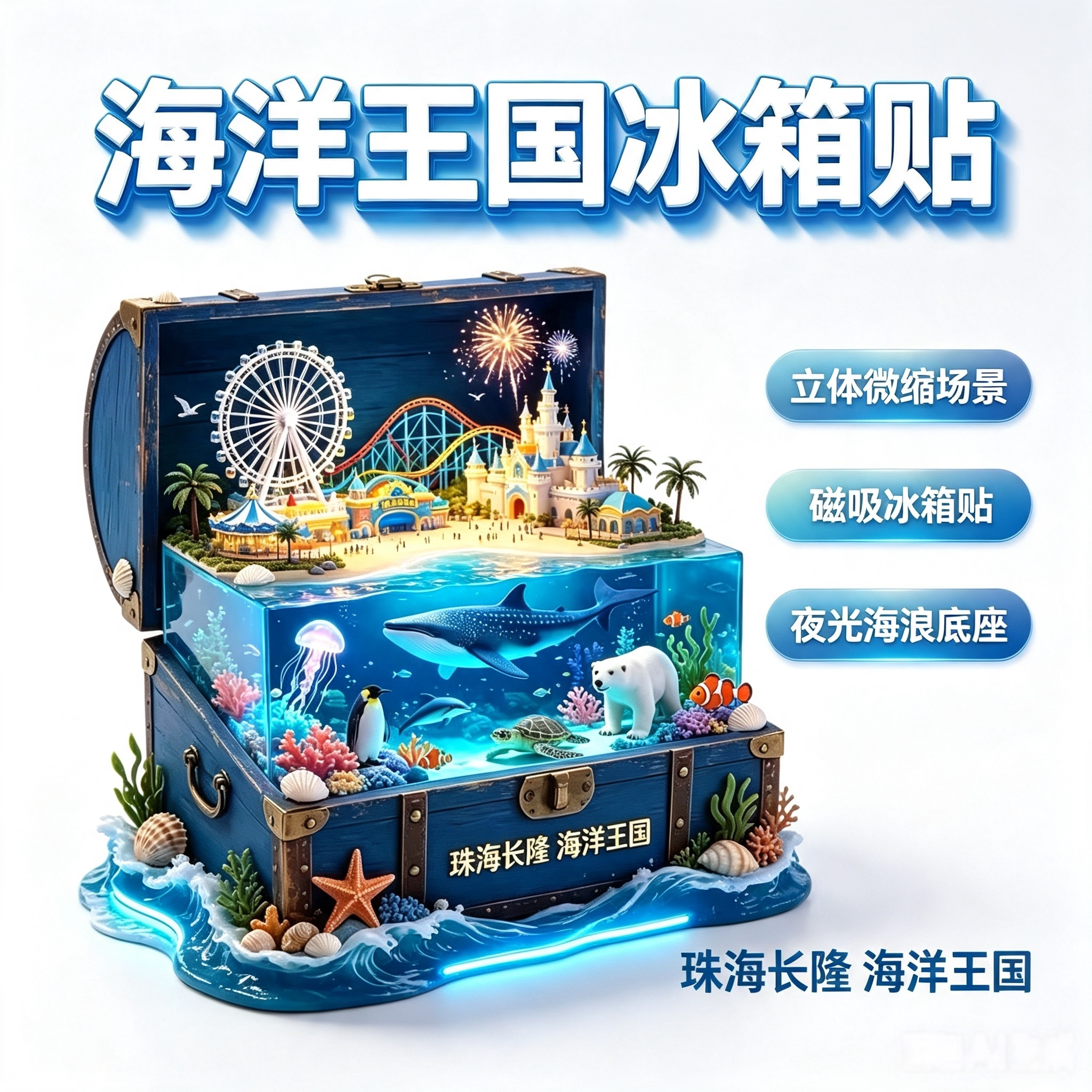 珠海长隆海洋王国冰箱贴 宝箱立体文创纪念品 旅游伴手礼收藏礼物