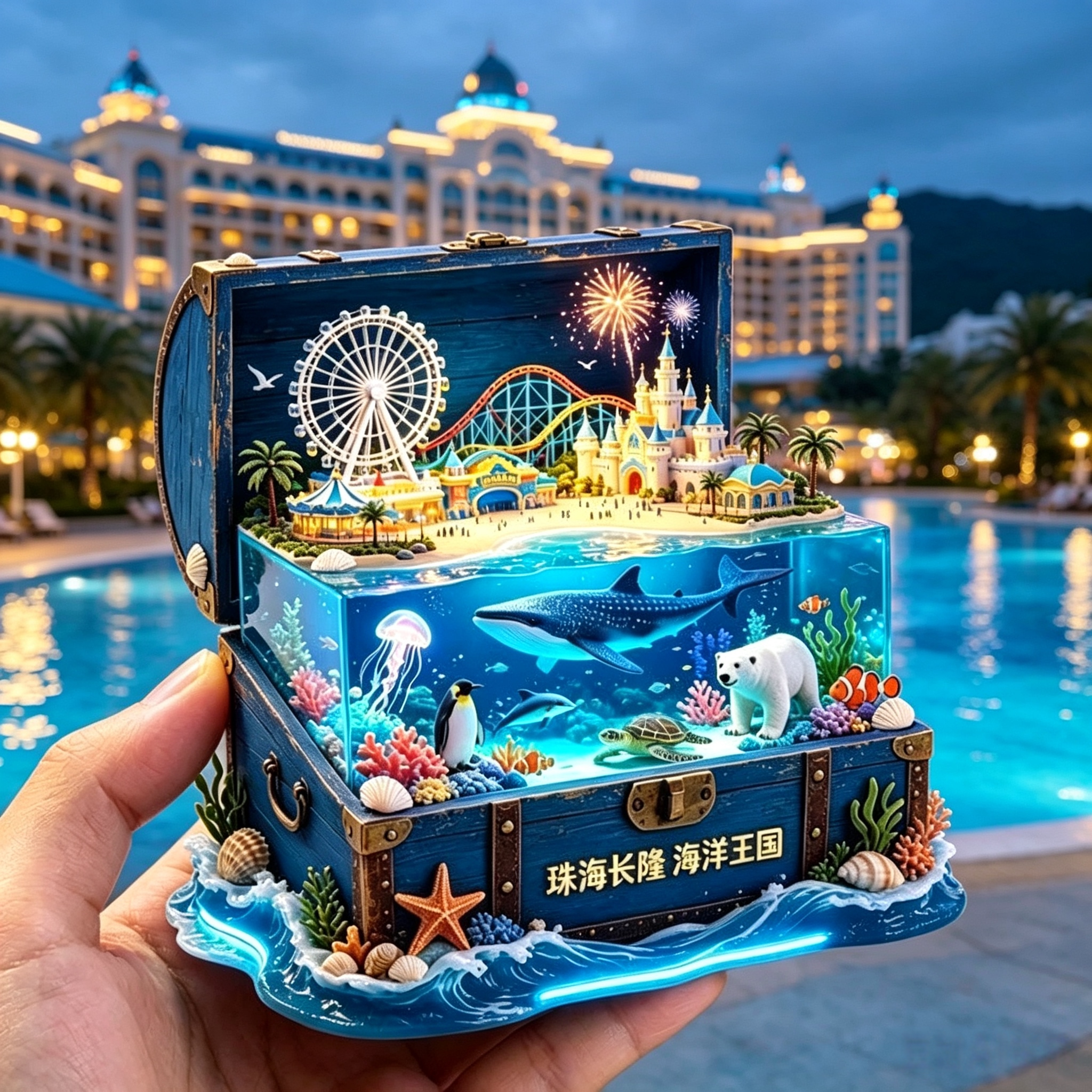 珠海长隆海洋王国宝箱冰箱贴 鲸鲨摩天轮烟花立体浮雕 文创伴手礼