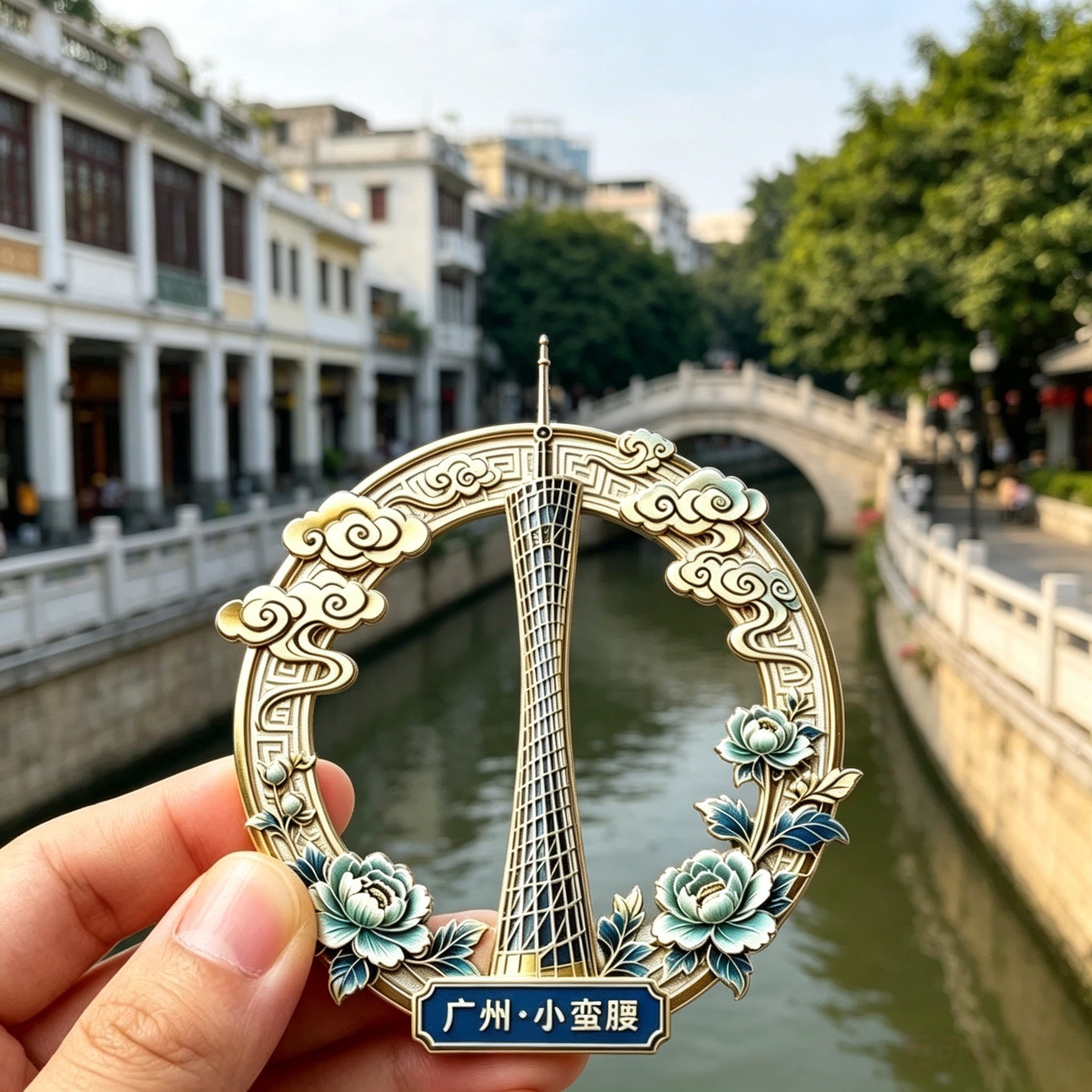 广州小蛮腰国风圆形金属冰箱贴牡丹祥云浮雕磁吸贴广州景区伴手礼