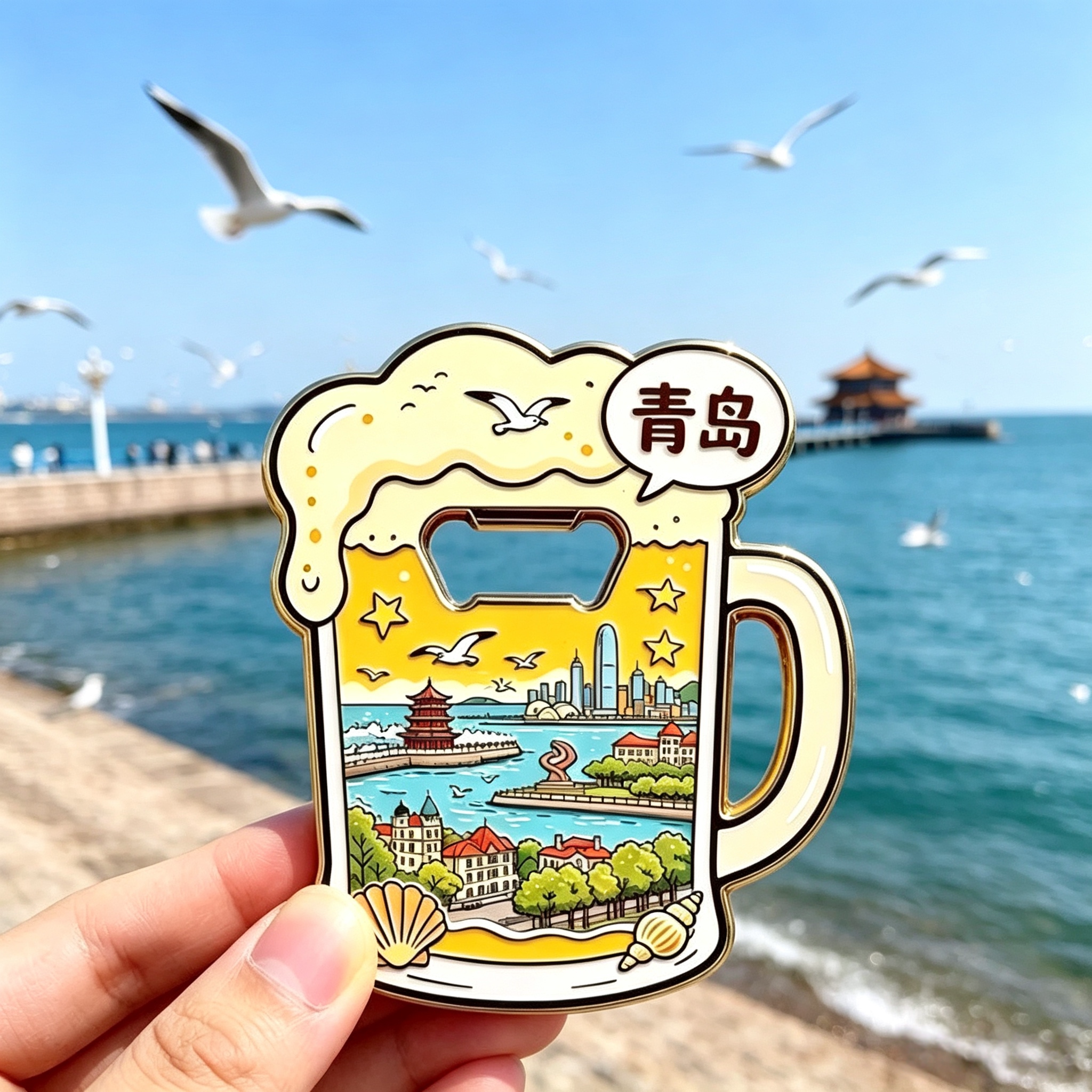 青岛啤酒杯开瓶器冰箱贴五四广场栈桥地标金属磁吸贴文创纪念品