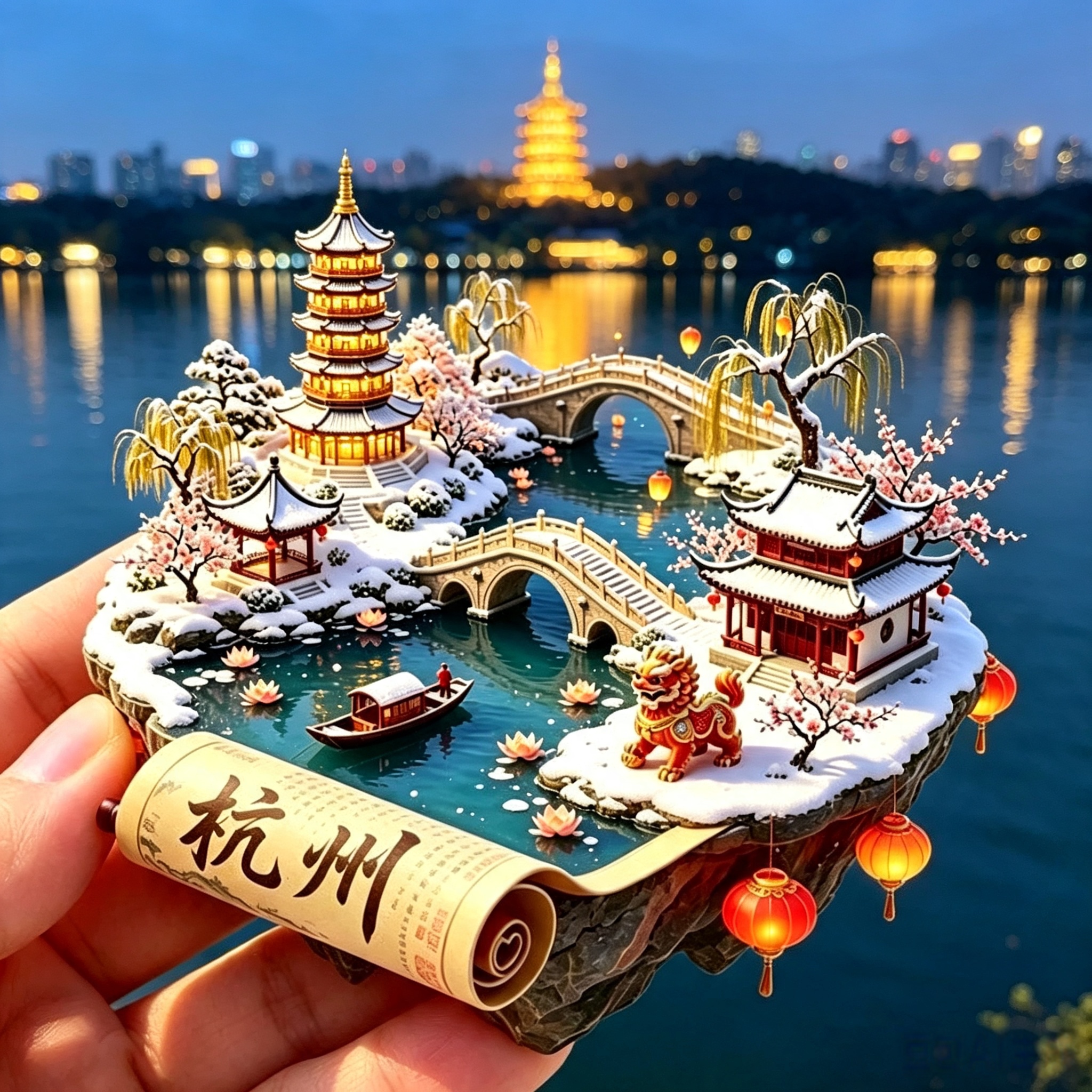 杭州城市文创冰箱贴苏堤拱桥卷轴国风磁贴西湖风景旅游文创纪念品