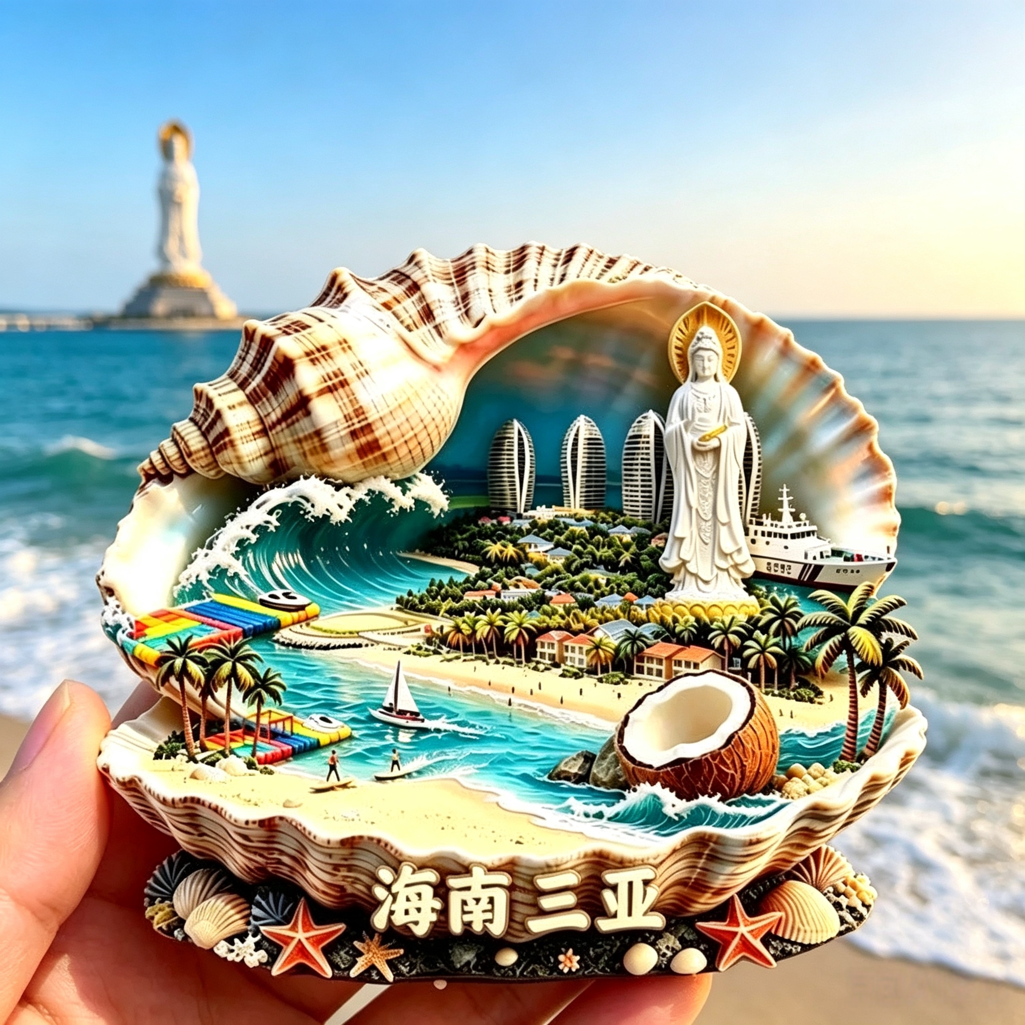 海南三亚贝壳冰箱贴海上观音凤凰岛景观文创旅游纪念品磁吸伴手礼