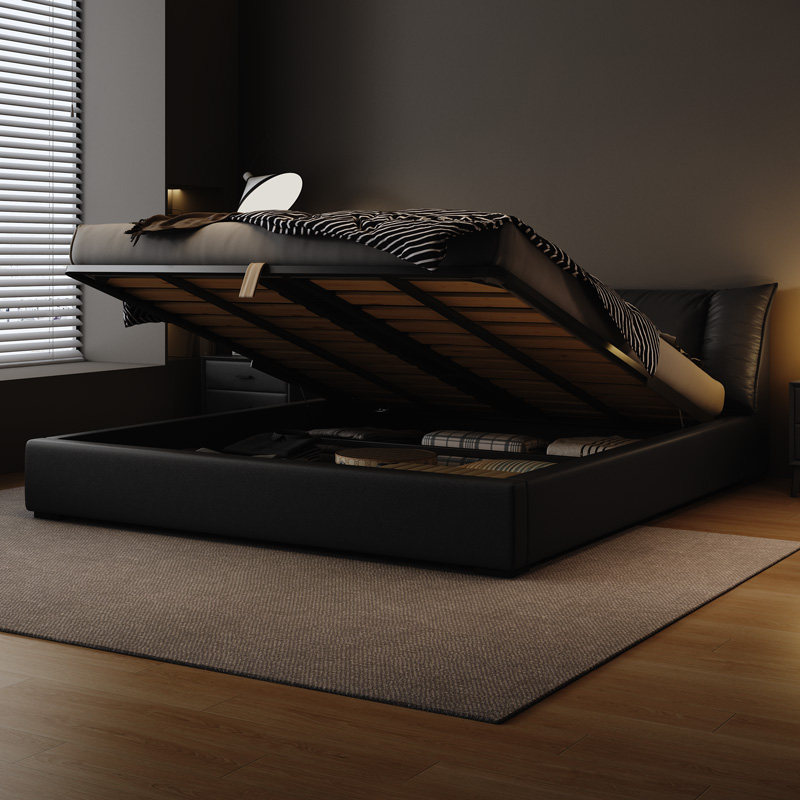 意式极简真皮床主卧高端大气现代简约2米x2米2大床黑色内嵌双人床