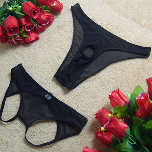情侣内裤 2条装 丁字裤 男士 火辣性感网纱透明低腰女士三角裤