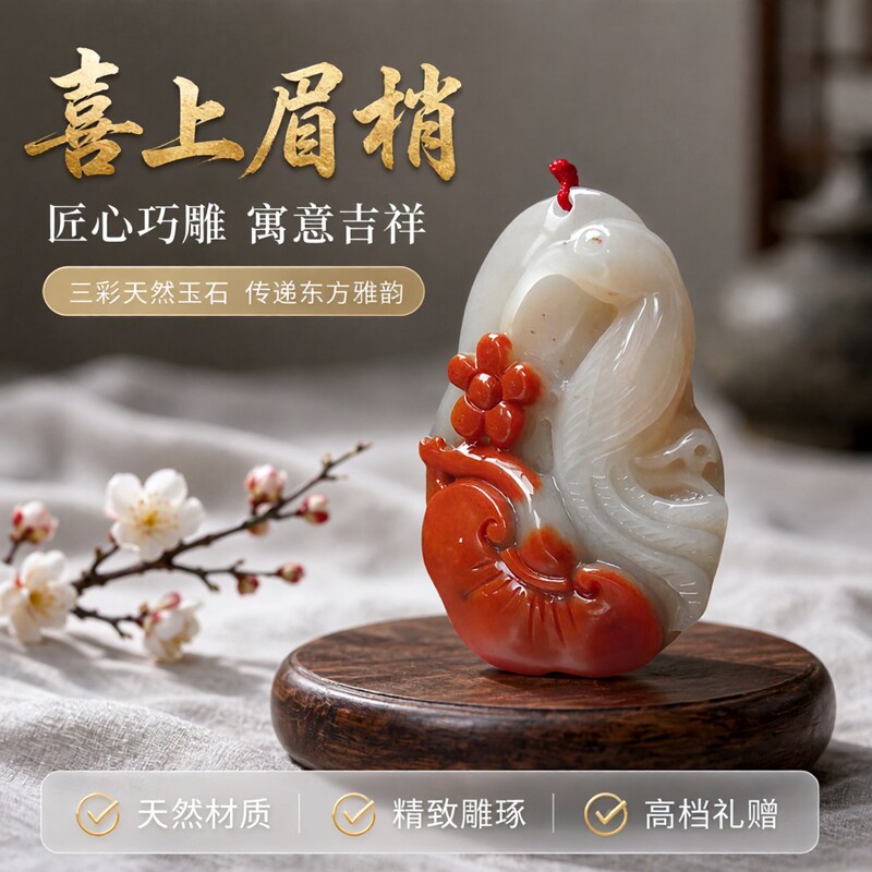 三彩玉石巧雕吊坠喜鹊梅花喜上眉梢高档女士项坠挂件文玩饰品项链