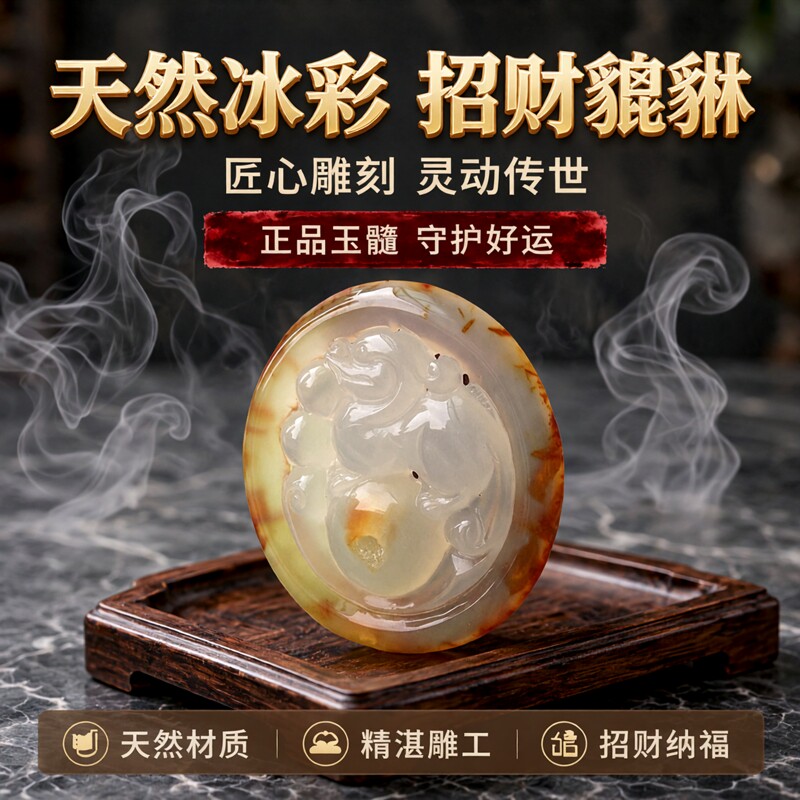正品红水晶洞冰彩玉髓项坠雕刻皮休挂坠天然古玩吊坠男女貔貅高档