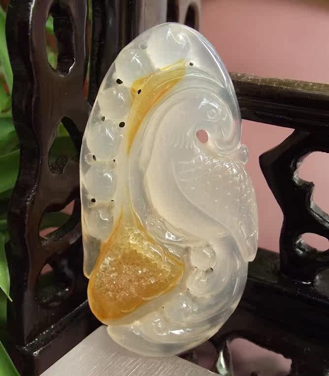 天然冰彩玉髓挂件晶洞聚宝盆凤凰如意项坠饰品高档女天然貔貅吊坠