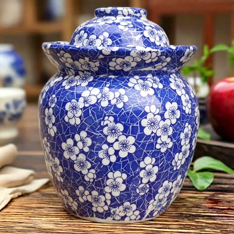 景德镇青花陶瓷双盖密封泡菜坛子