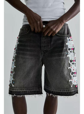 Sp5der荆棘灰色牛仔短裤直筒宽松休闲欧美明星同款百搭