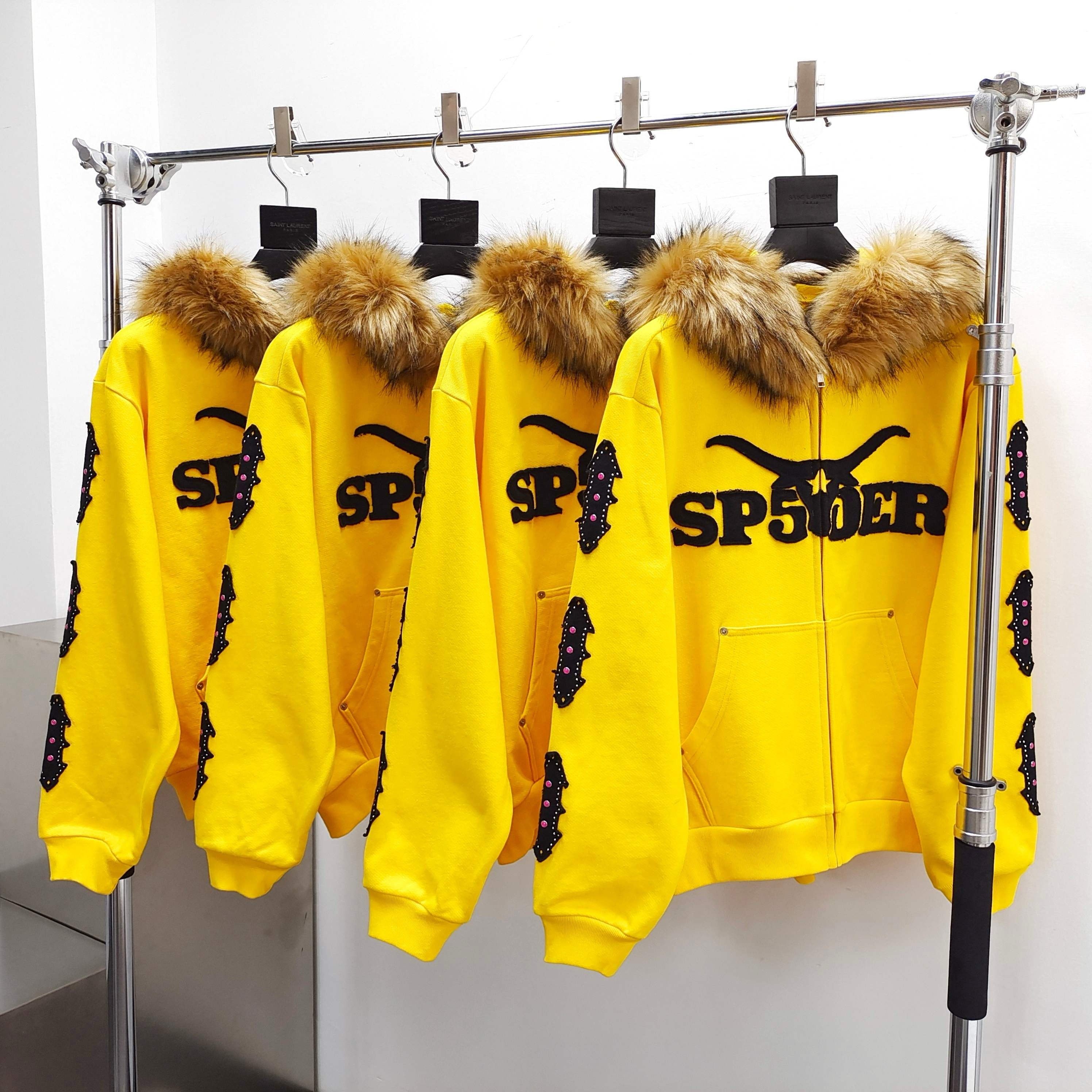 Sp5der黄色毛领拉链卫衣帽衫连帽毛绒卫衣欧美明星同款嘻哈说唱