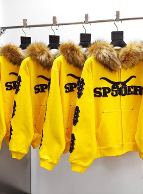 Sp5der黄色毛领拉链卫衣帽衫连帽毛绒卫衣欧美明星同款嘻哈说唱