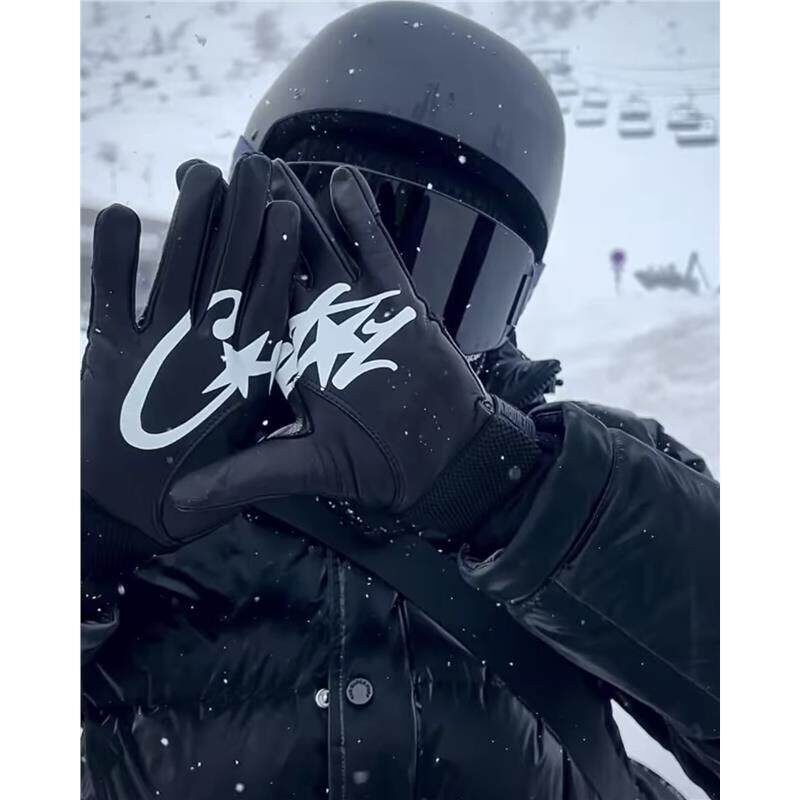 Corteiz恶魔岛真皮手套摩托车骑行保暖赛车滑雪手套魔术贴可调节