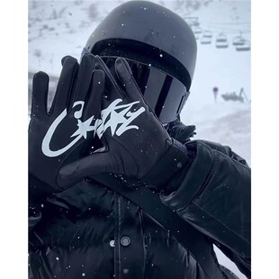 Corteiz恶魔岛真皮手套摩托车骑行保暖赛车滑雪手套魔术贴可调节