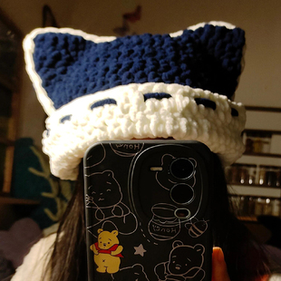 手工diy冬保暖藏青色猫耳朵包头毛线帽钩织材料包大头围护耳可爱